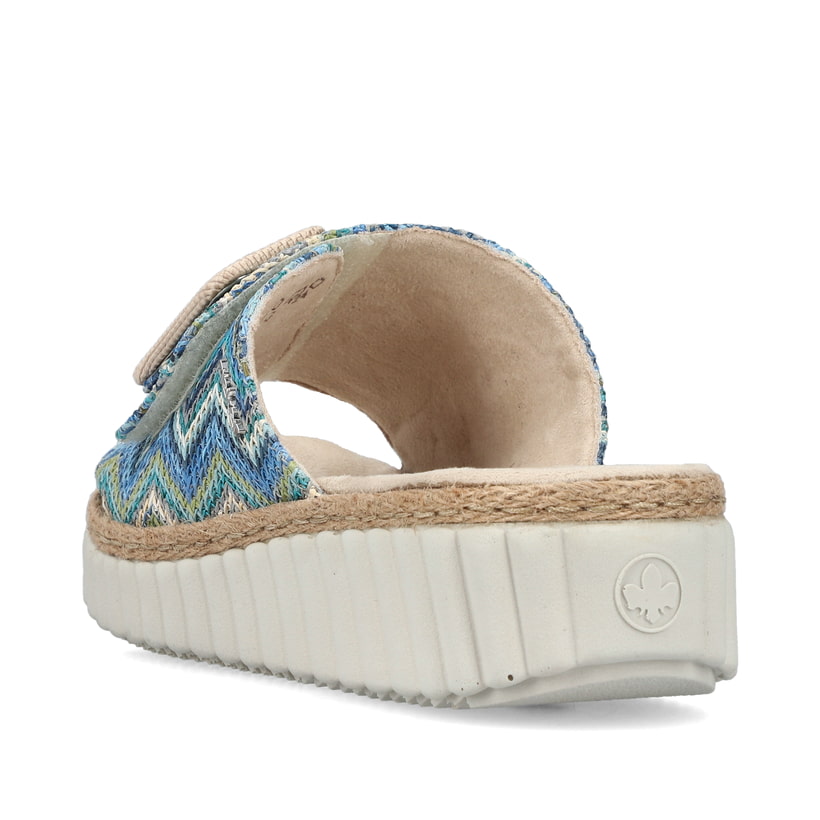 Mehrfarbige Rieker Damen Pantoletten 69253-90 mit trendigen Schnalle. Schuh von hinten.