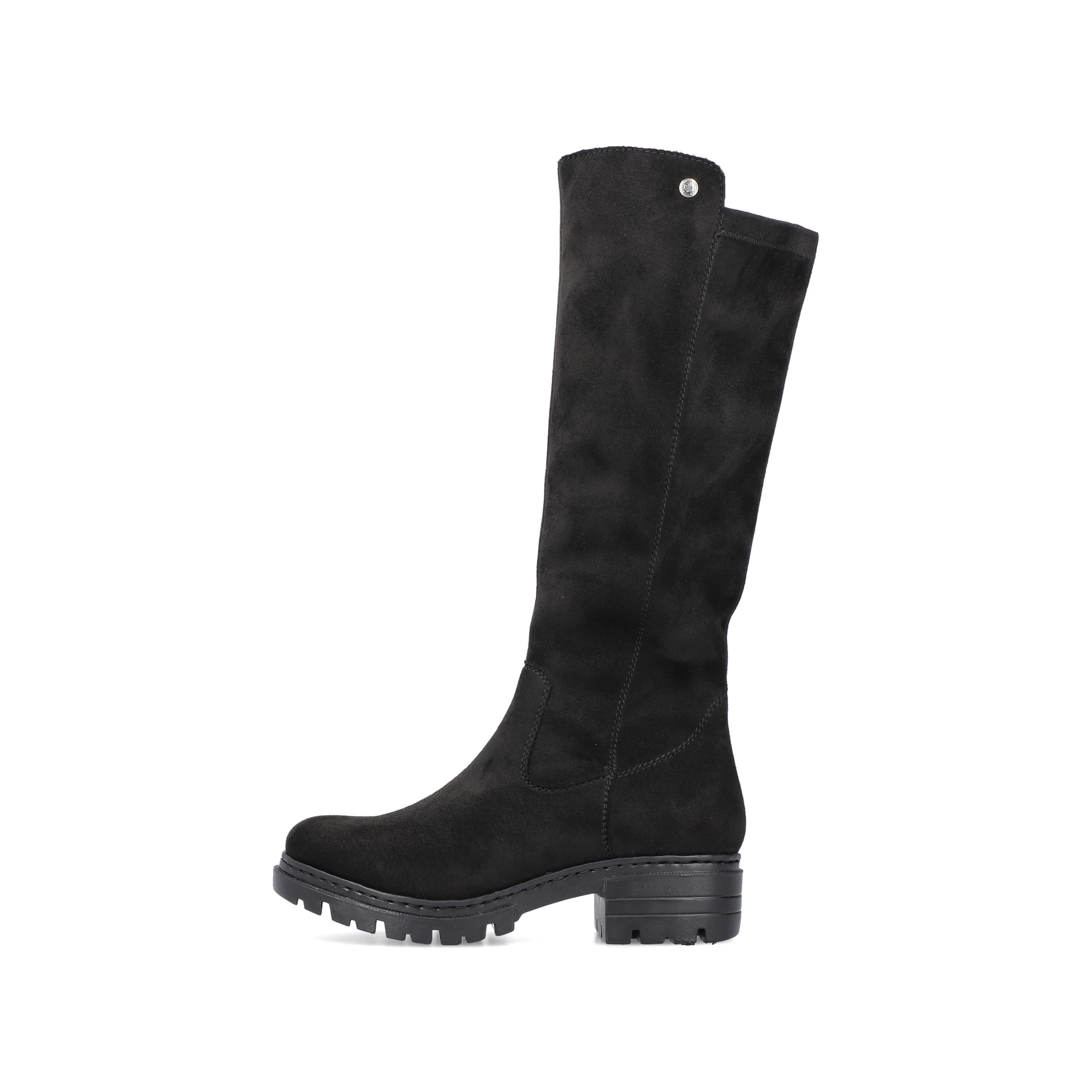 Schwarze Rieker Damen Hochschaftstiefel 76890-00 mit einem Reißverschluss. Schuh Außenseite.