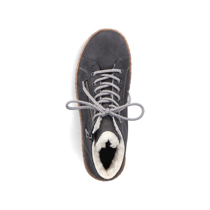 Asphaltgraue Rieker Damen Schnürschuhe N1020-45 mit Schnürung und Reißverschluss. Schuh von oben