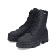 Schwarze Rieker Damen Biker Boots Z9447-00 mit wasserabweisender TEX-Membran. Schuhpaar seitlich schräg.