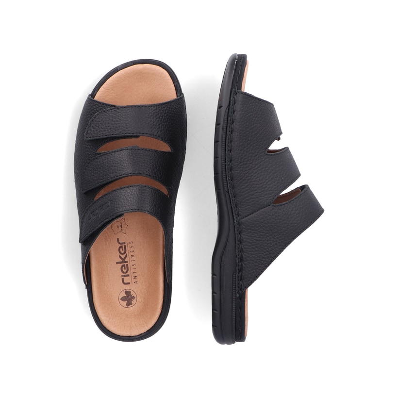 Schwarzgraue Rieker Herren Pantoletten 25569-00 mit einem Klettverschluss. Schuh von oben, liegend.
