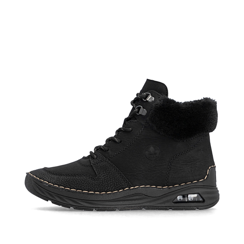 Schwarze Rieker Damen Schnürstiefel 44555-00 mit Rieker Air Sohlenfenster. Schuh Außenseite.