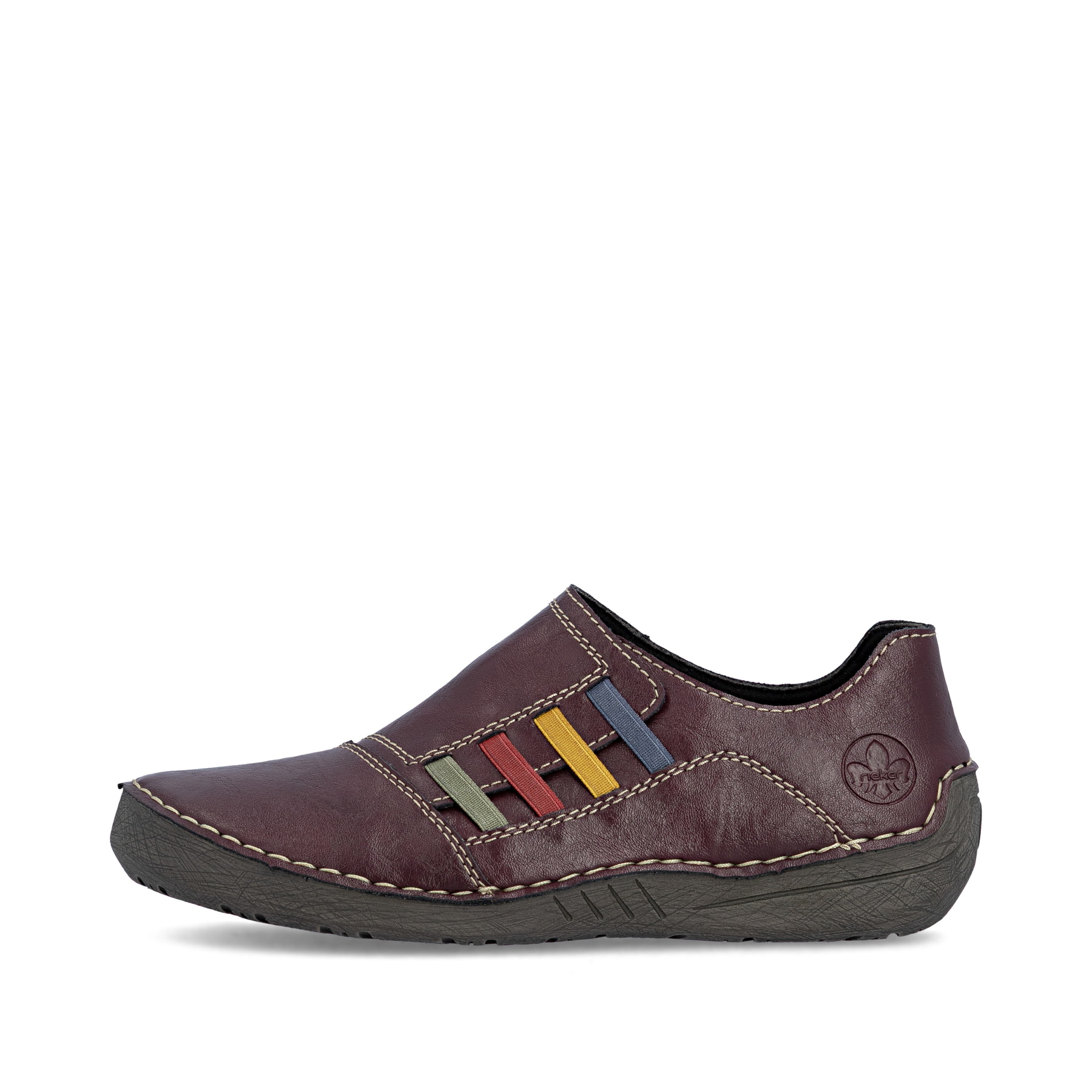 Brombeerfarbene Rieker Damen Slipper 52560-30 mit farbenfrohen Details. Schuh Außenseite.