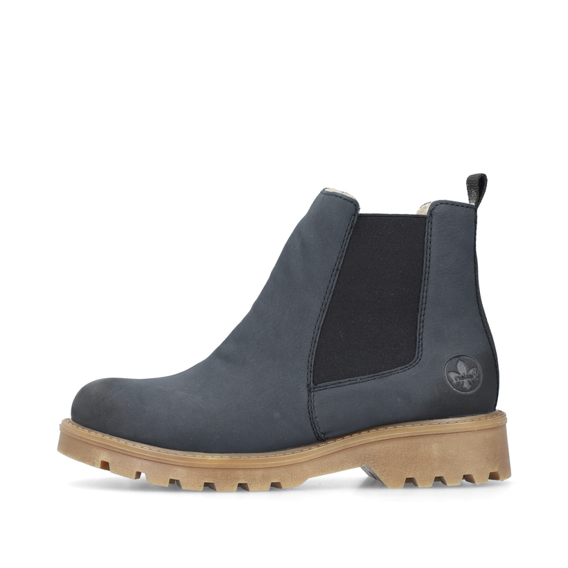 Atlantikblaue Rieker Damen Chelsea Boots 73250-14 mit einem Reißverschluss. Schuh Außenseite.