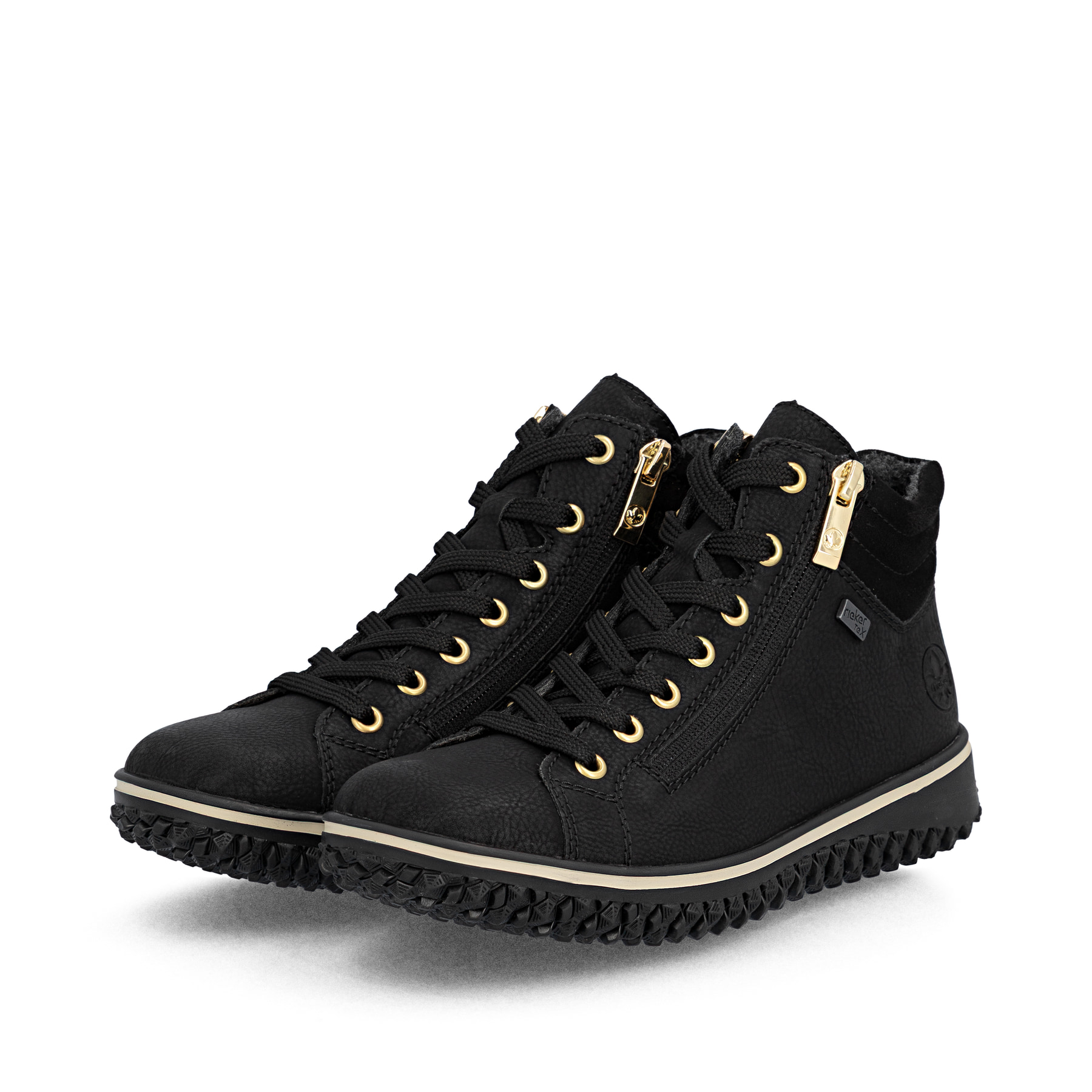 Schwarze Rieker Damen Schnürstiefel Z4263-00 mit wasserabweisender TEX-Membran. Schuhpaar seitlich schräg.