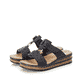 Blaue Rieker Damen Pantoletten 629K9-14 mit einem Klettverschluss. Schuhpaar seitlich schräg.