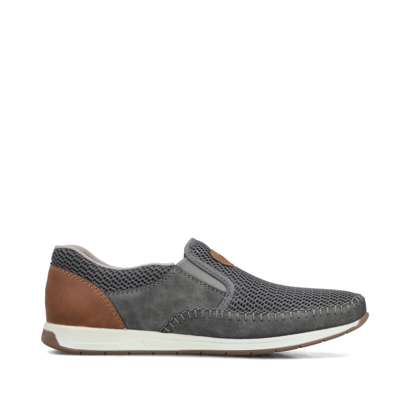 Mocassins Rieker gris homme 11954-45 avec coutures modernes élégantes. Intérieur de la chaussure.