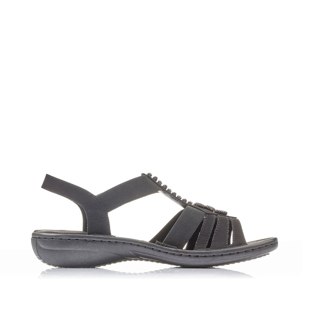 Sandales à lanières Rieker noires femme 60806-00 avec éléments décoratifs. Intérieur de la chaussure.
