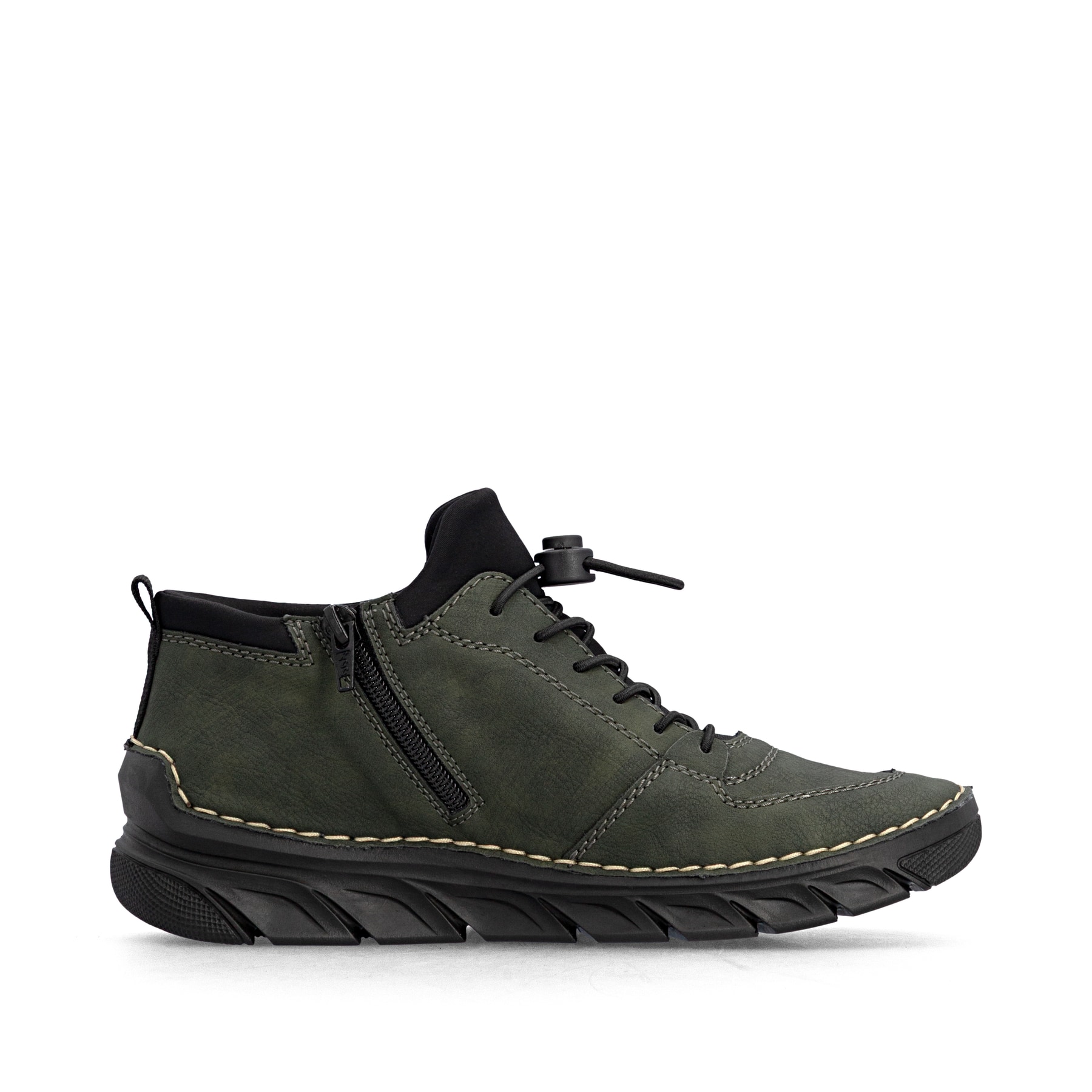 Dunkelgrün-schwarze Rieker Damen Kurzstiefel 55071-54 mit einem Reißverschluss. Schuh Innenseite.