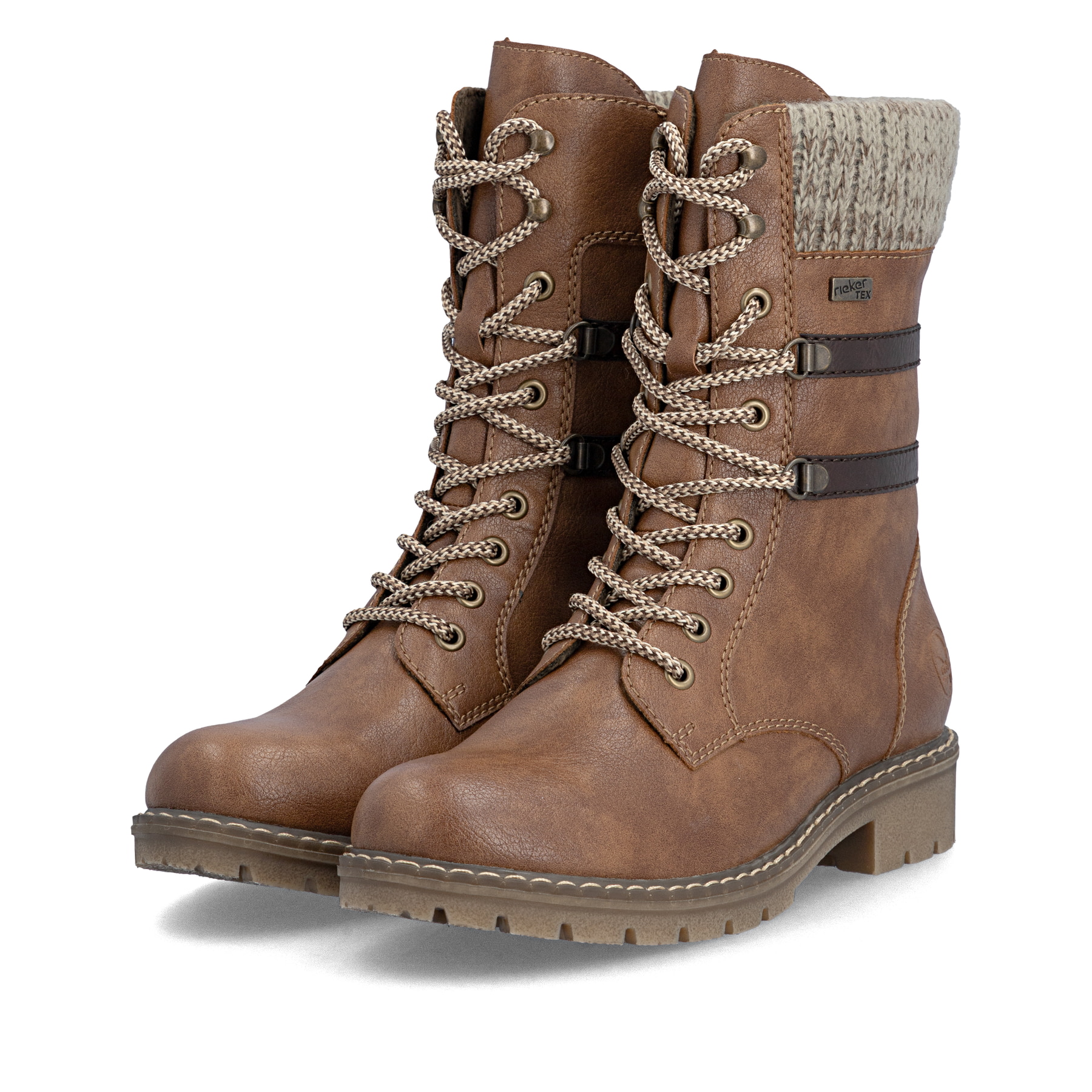 Zimtfarbene Rieker Damen Schnürstiefel Y9107-24 mit Strick-Kragen. Schuhpaar seitlich schräg.