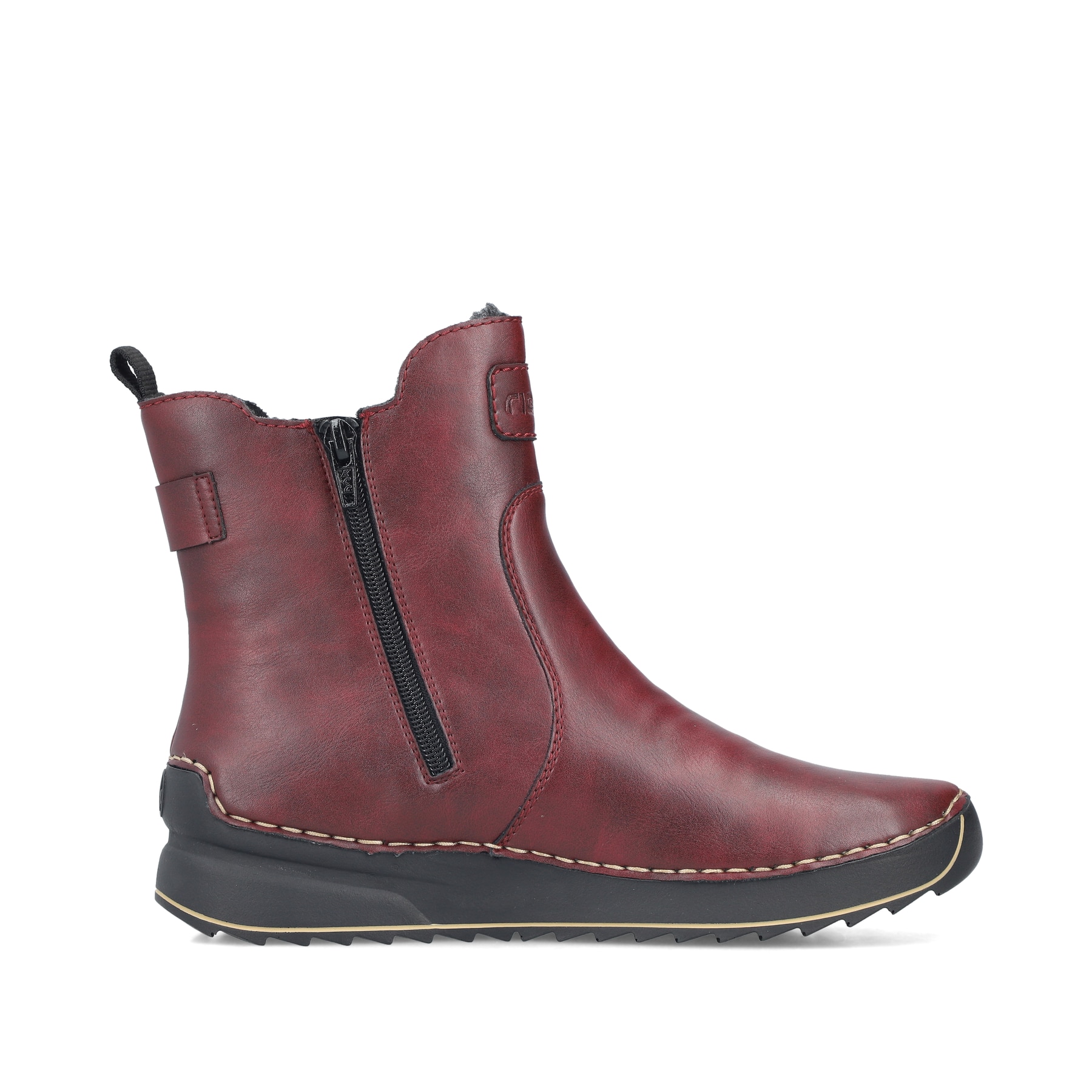 Weinrote Rieker Damen Chelsea Boots 51560-35 mit einem Reißverschluss. Schuh Innenseite.