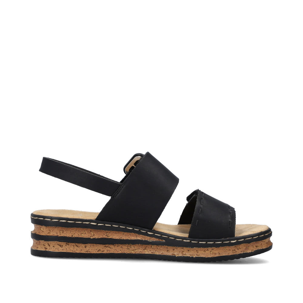 Schwarze Rieker Keilsandaletten 62950-00 mit trendigen Schnalle. Schuh Innenseite.