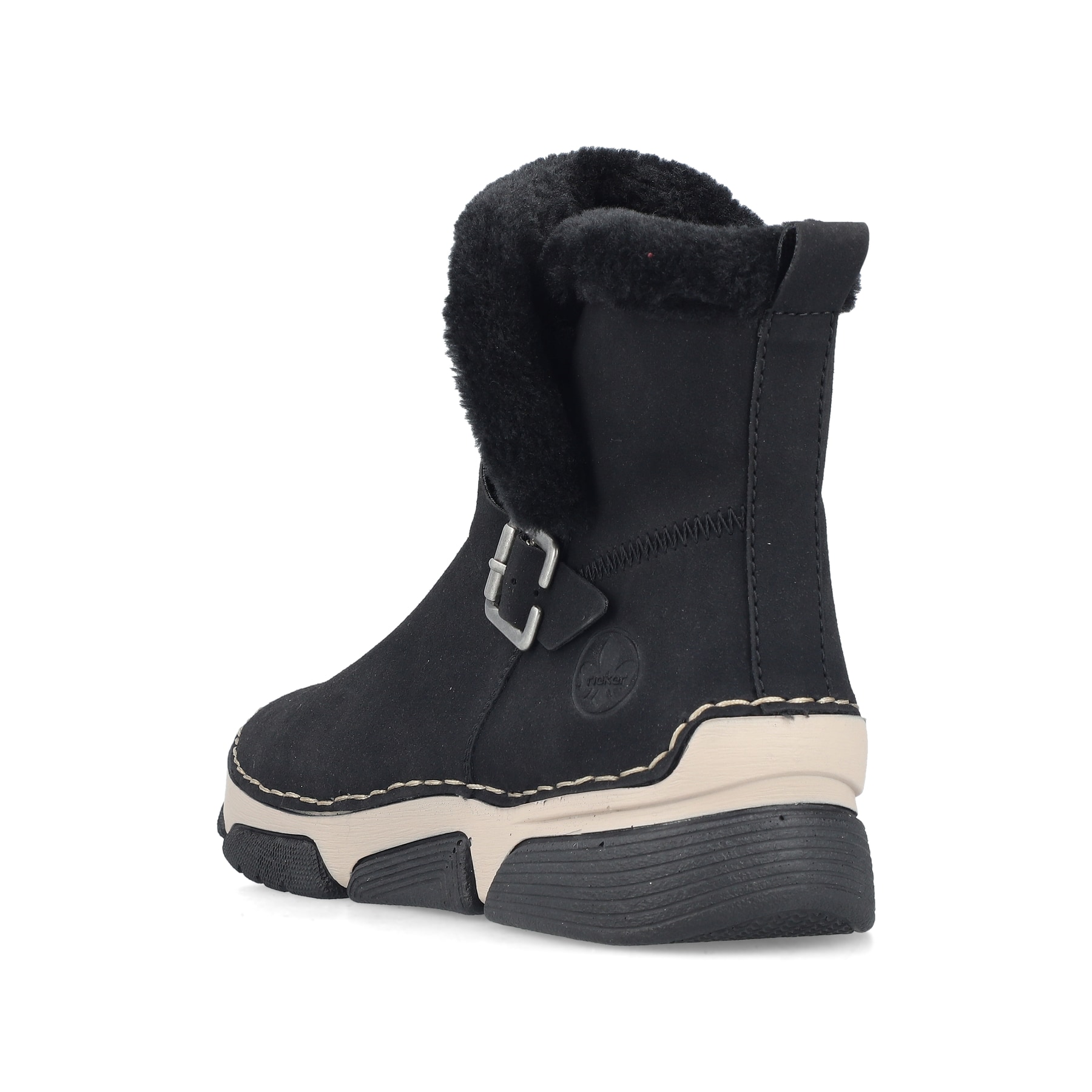 Schwarze Rieker Damen Kurzstiefel 45966-01 mit trendiger Schnalle. Schuh von hinten.