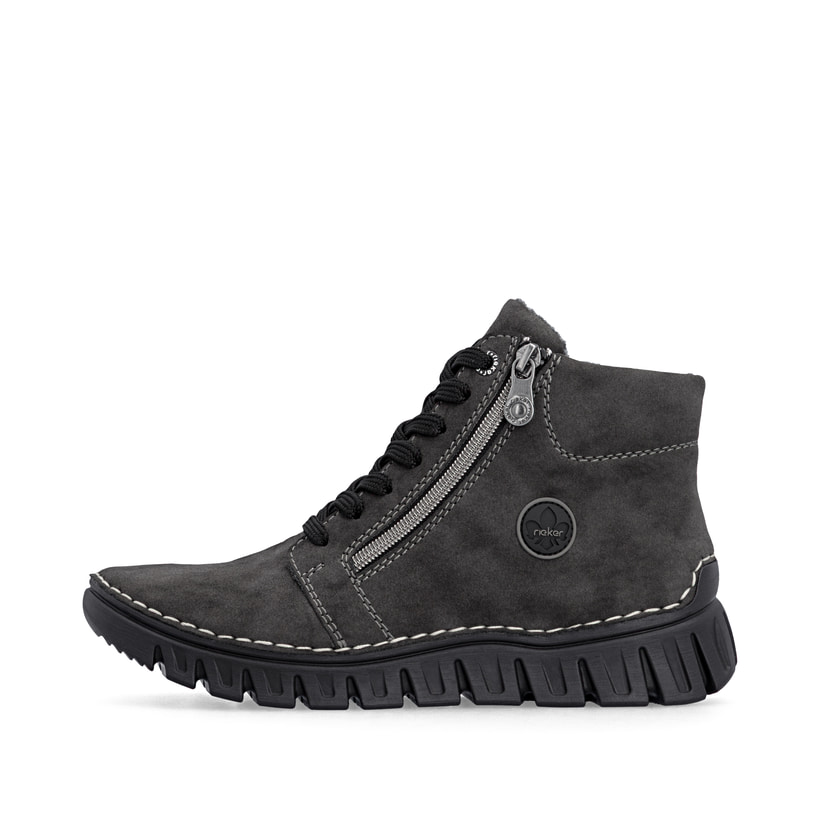 Dunkelgraue Rieker Damen Schnürstiefel 57502-45 mit einem Reißverschluss. Schuh Außenseite.