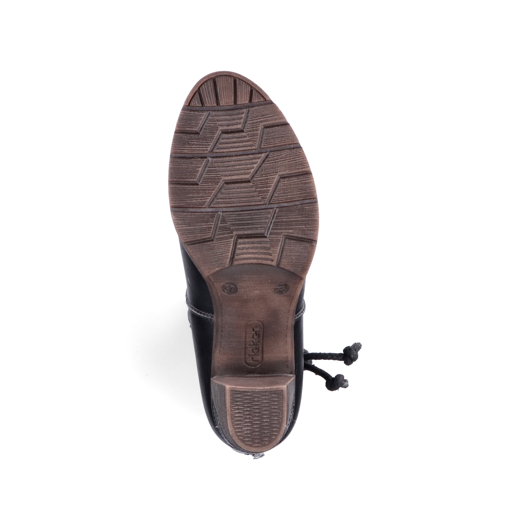 Schwarze Rieker Damen Hochschaftstiefel 96059-00 mit dekorativer Kordel. Schuh Laufsohle.