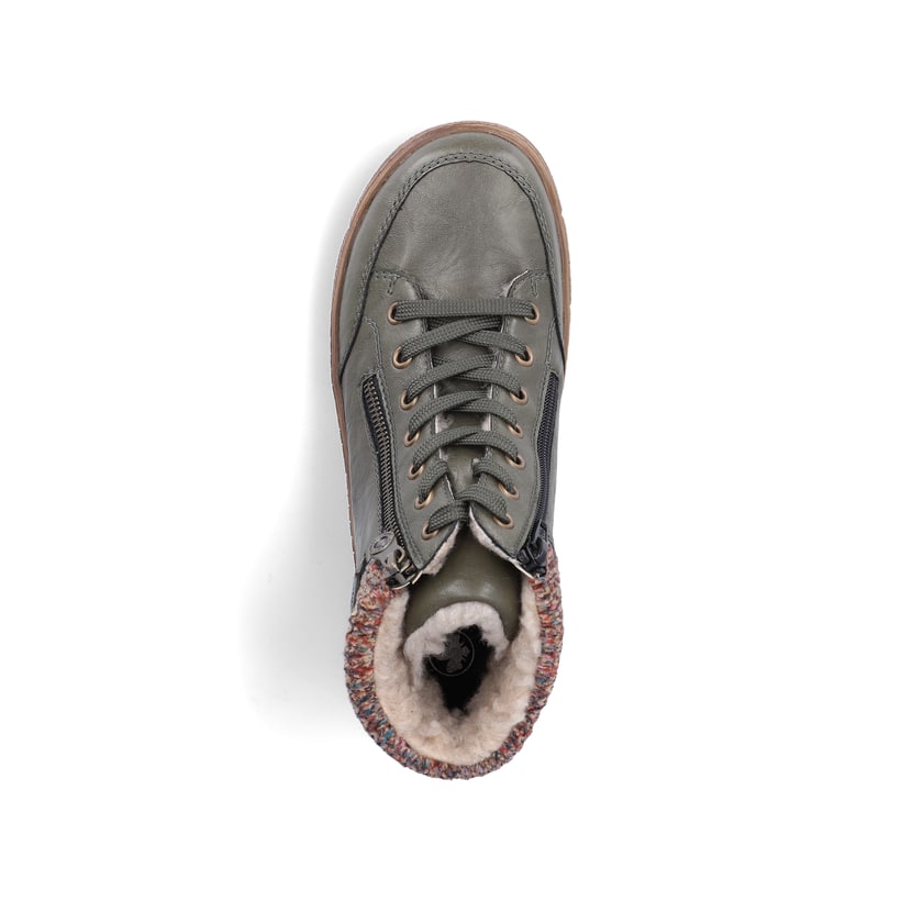 Dunkelgrüne Rieker Damen Schnürstiefel 72322-54 mit einem Reißverschluss. Schuh von oben.