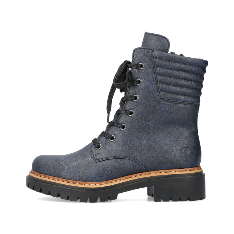 
Pazifikblaue Rieker Damen Biker Boots 72600-14 mit Schnürung und Reißverschluss. Schuh Außenseite