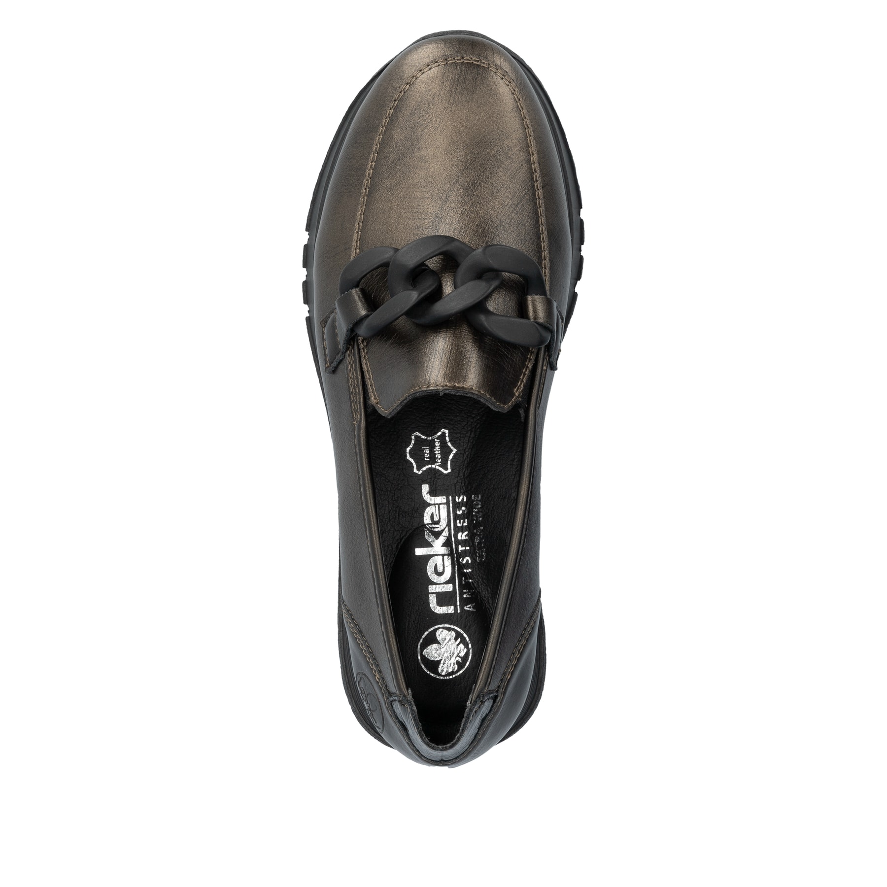 Braune Rieker Damen Loafer 49051-25 aus Glattleder mit Deko-Kette sowie Gummizug. Schuh von oben.