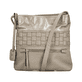 Sac à bandoulière Rieker H1301-62 beige avec motif tissé, détails dorés et fermeture éclair. Devant.