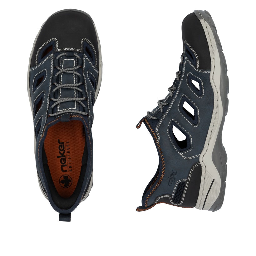 Blaue Rieker Herren Slipper 08078-14 mit Ready2GO Slip-in Feature sowie Gummizug. Schuh von oben, liegend.