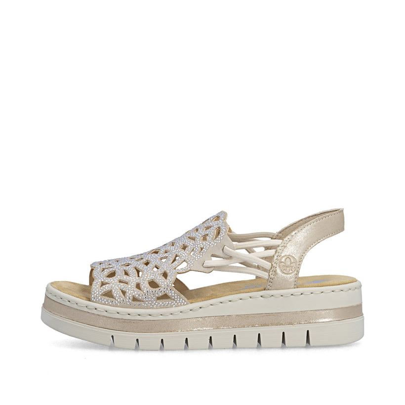 Beige Rieker Keilsandaletten V4941-60 mit Strasssteinen sowie einem Gummizug. Schuh Außenseite.