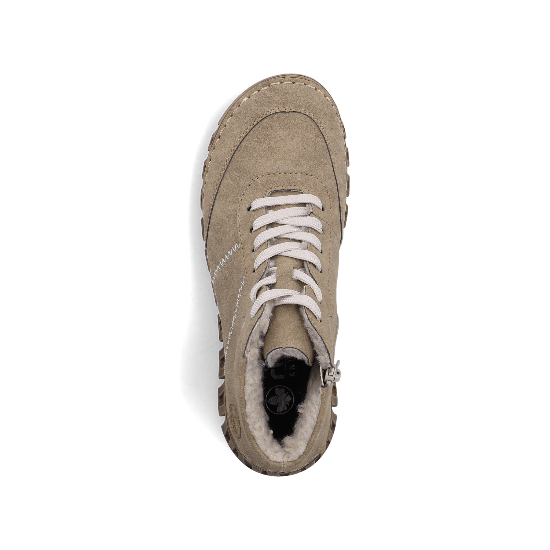 Graue Rieker Damen Schnürstiefel 57520-20 mit modernen Ziernähten. Schuh von oben.