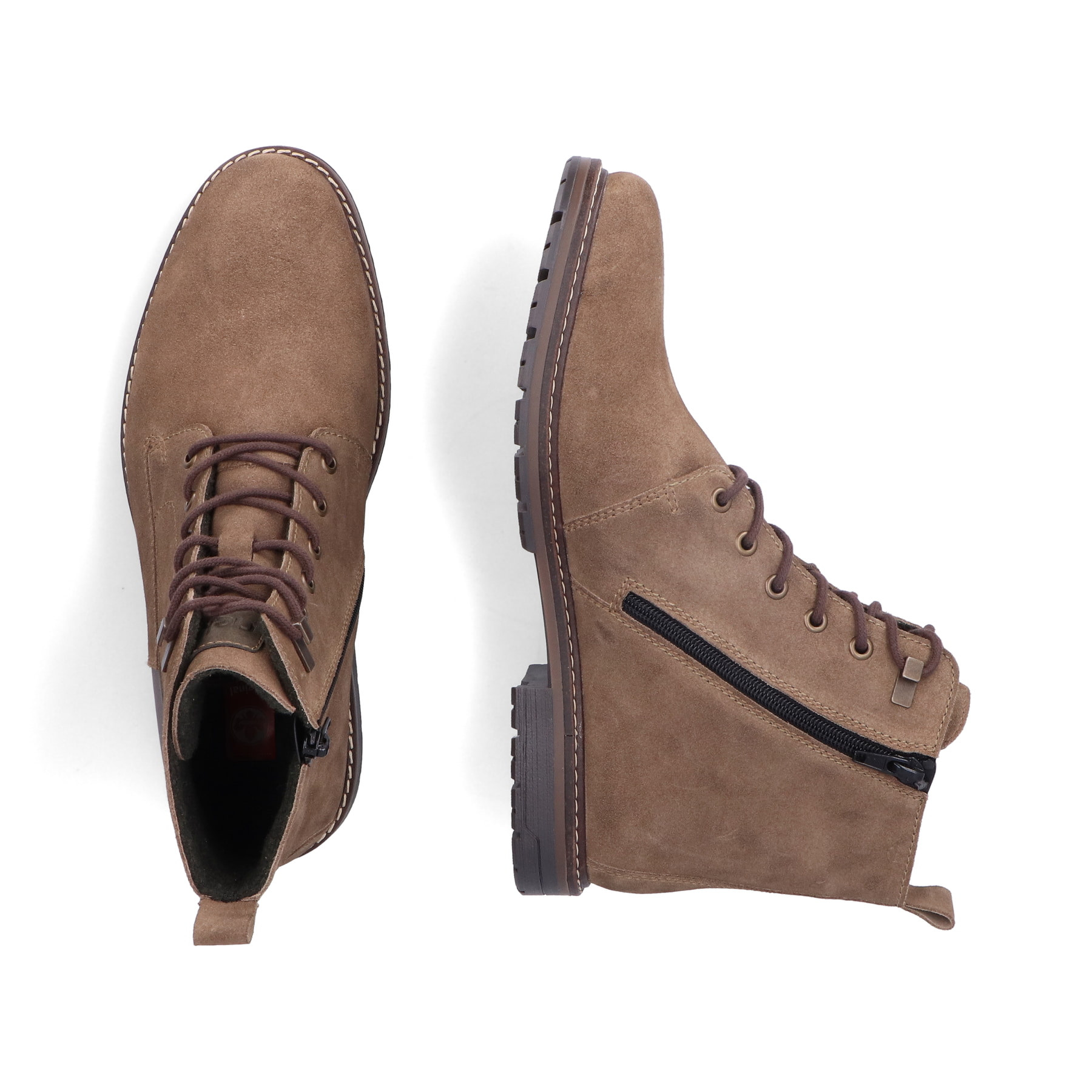 Sandbraune Rieker Herren Schnürstiefel 13730-64 mit Schnürung und Reißverschluss. Schuhpaar von oben.
