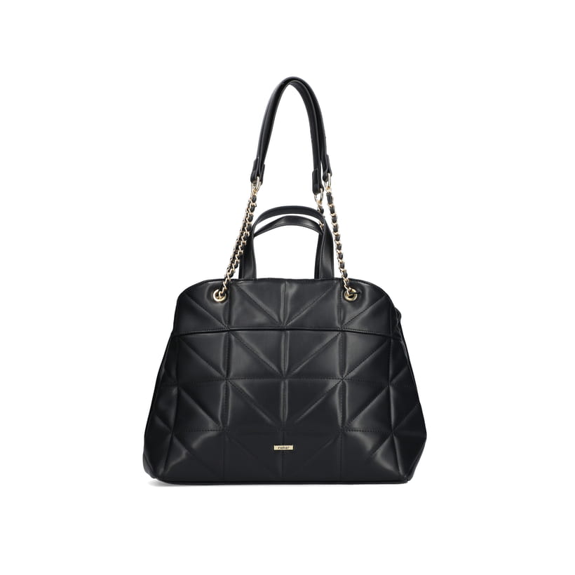 Rieker Shopper H1610-00 in Schwarz mit goldener verflochtener Kette, Reißverschluss und Innenfach. Vorderseite.