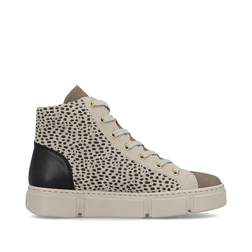 Beige Rieker Damen Sneaker High N5931-62 mit Animal-Print sowie Reißverschluss. Schuh Innenseite.