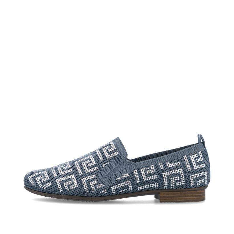 Blaue Rieker Damen Loafer 51953-12 mit Gummizug sowie extra weicher Decksohle. Schuh Außenseite.