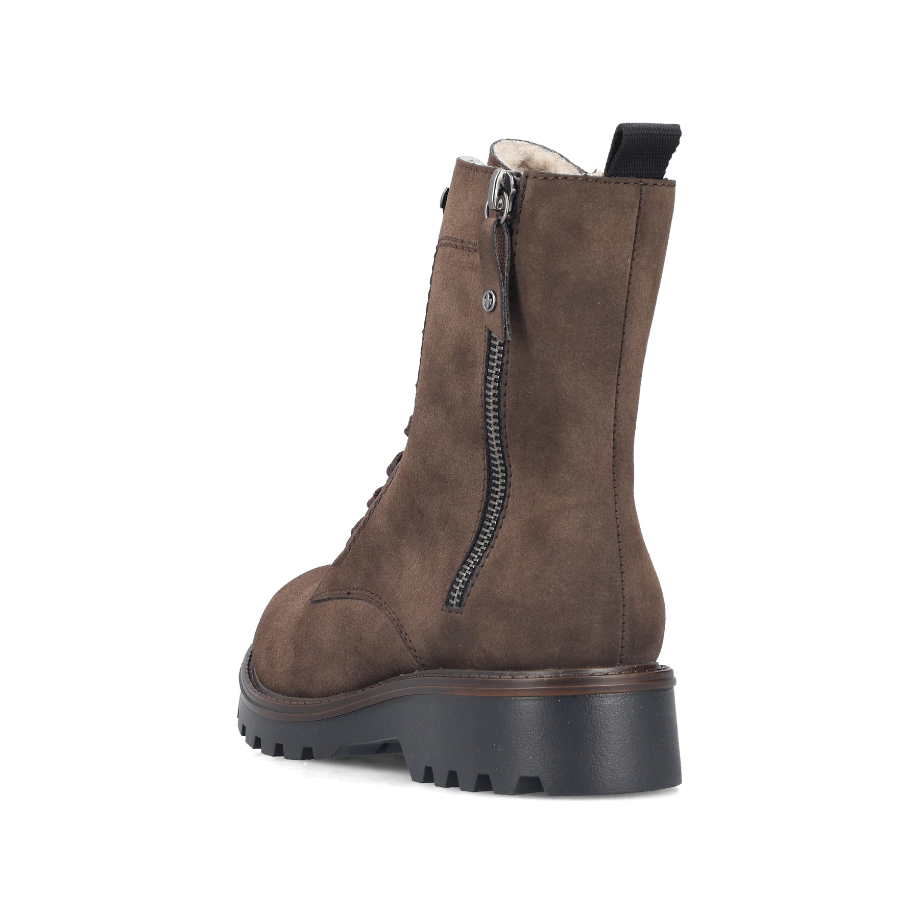 Braune Rieker Damen Biker Boots 73210-25 mit einem Reißverschluss. Schuh von hinten.