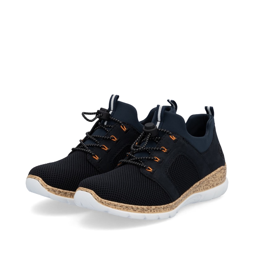 Chaussons Rieker bleus pour femme N4290-14 avec bande élastique. Chaussures inclinées sur le côté.