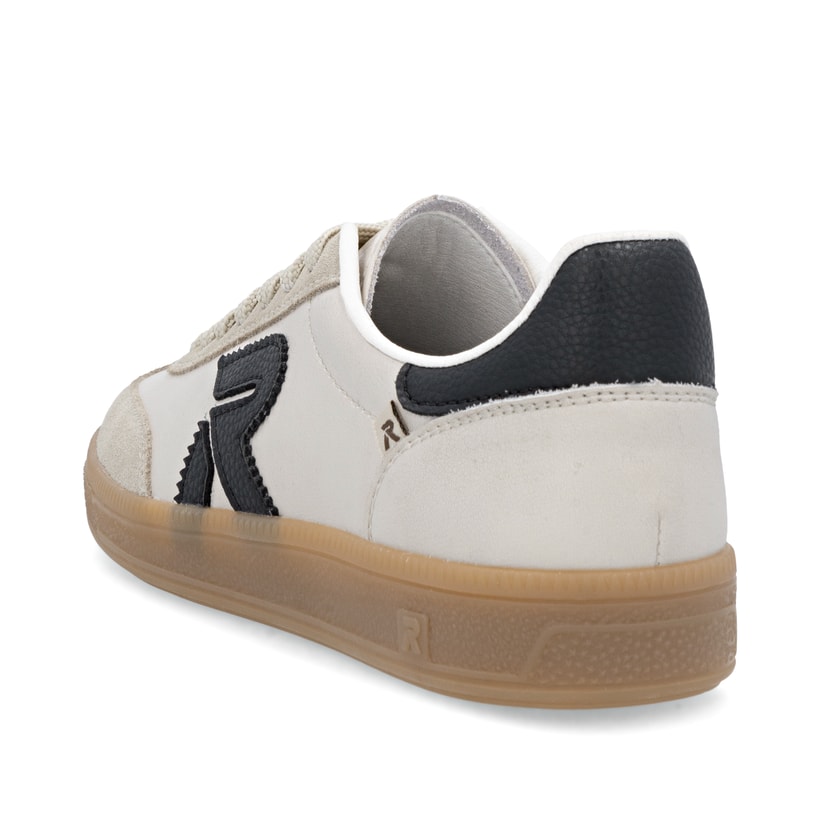Beigeschwarze Rieker Damen Sneaker Low W2200-60 mit einer Schnürung. Schuh von hinten.