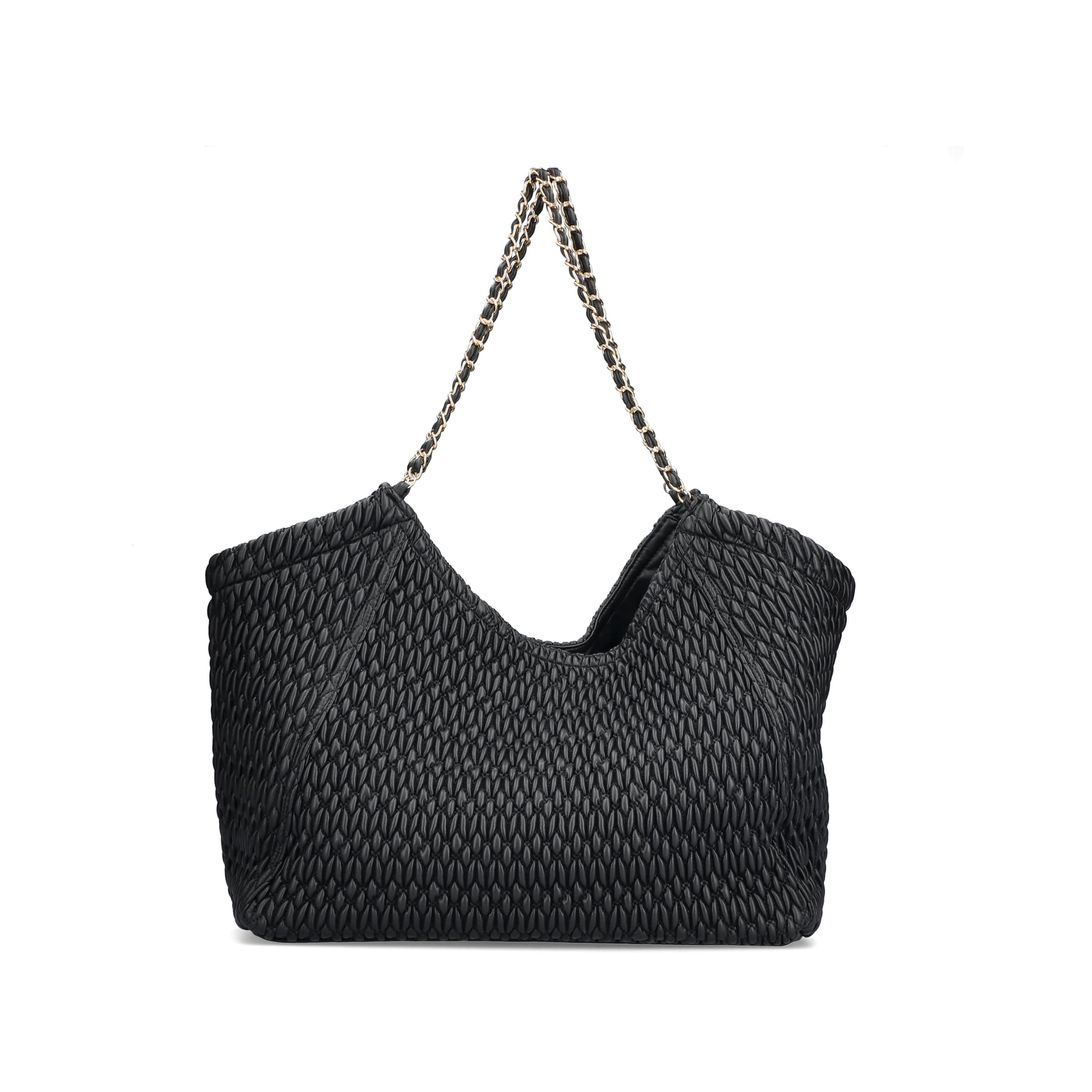 Rieker Umhängetasche H2025-00 in Schwarz mit goldenen Details und Magnetknopf zum Verschließen. Rückseite.