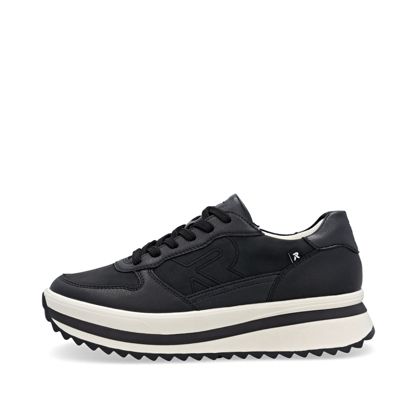 Schwarze Rieker Damen Sneaker Low W3800-00 aus Glattleder mit einer Schnürung. Schuh Außenseite.