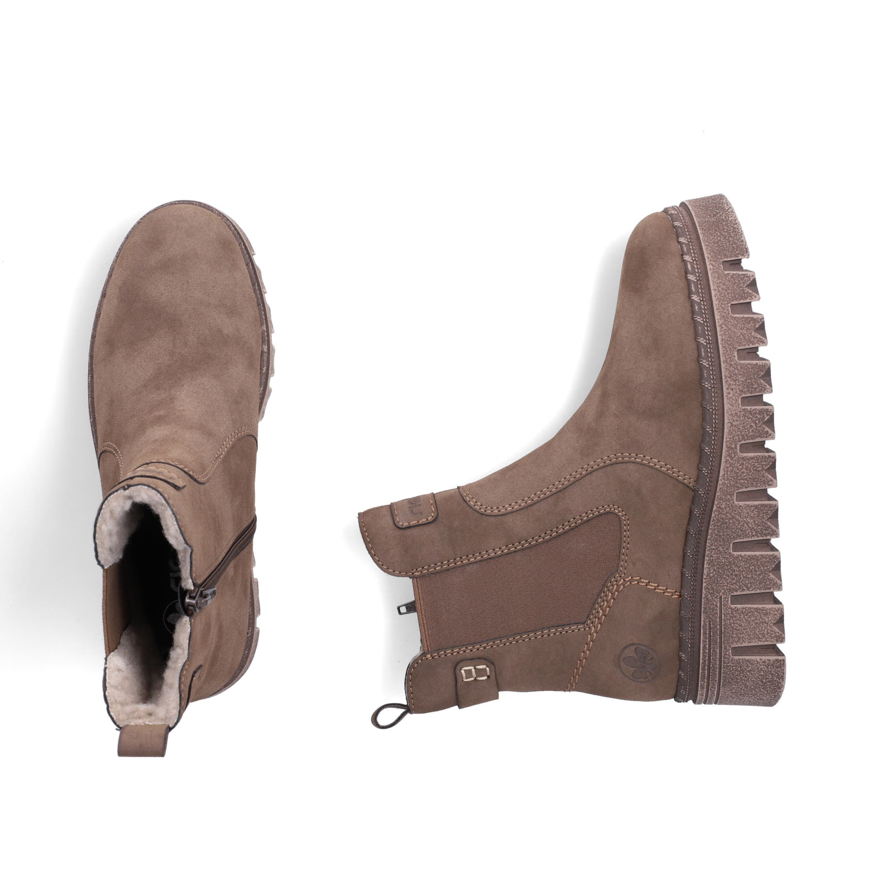 Taupefarbene Rieker Damen Chelsea Boots Z8960-25 mit einem Reißverschluss. Schuh von oben, liegend.
