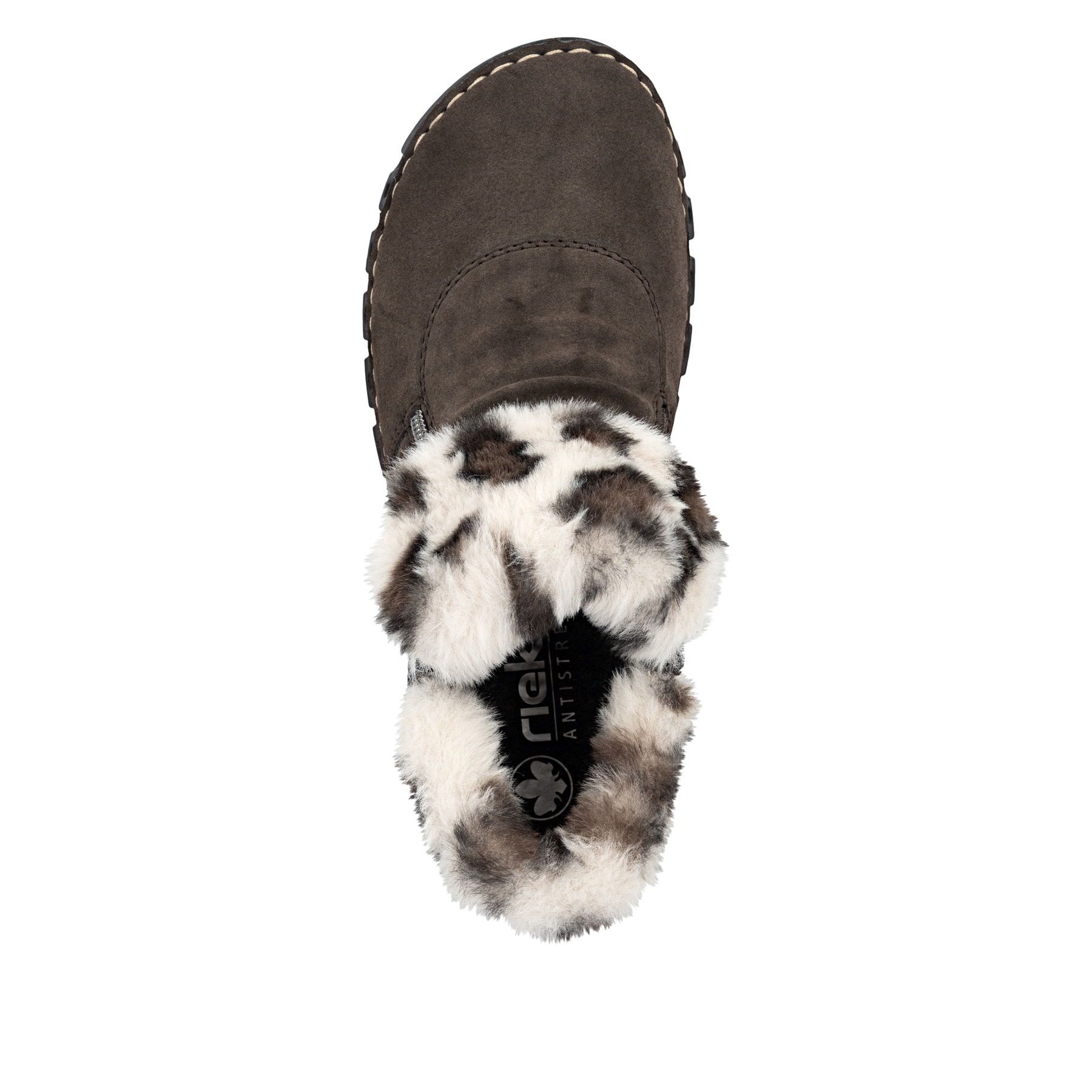 Dunkelbraune Rieker Damen Kurzstiefel 57551-25 mit weichem Kragen. Schuh von oben.