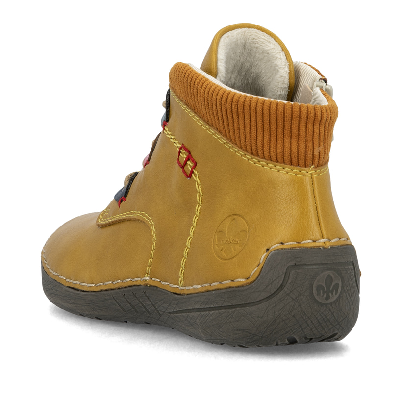 Gelbe Rieker Damen Kurzstiefel 52544-68 mit einem Reißverschluss. Schuh von hinten.