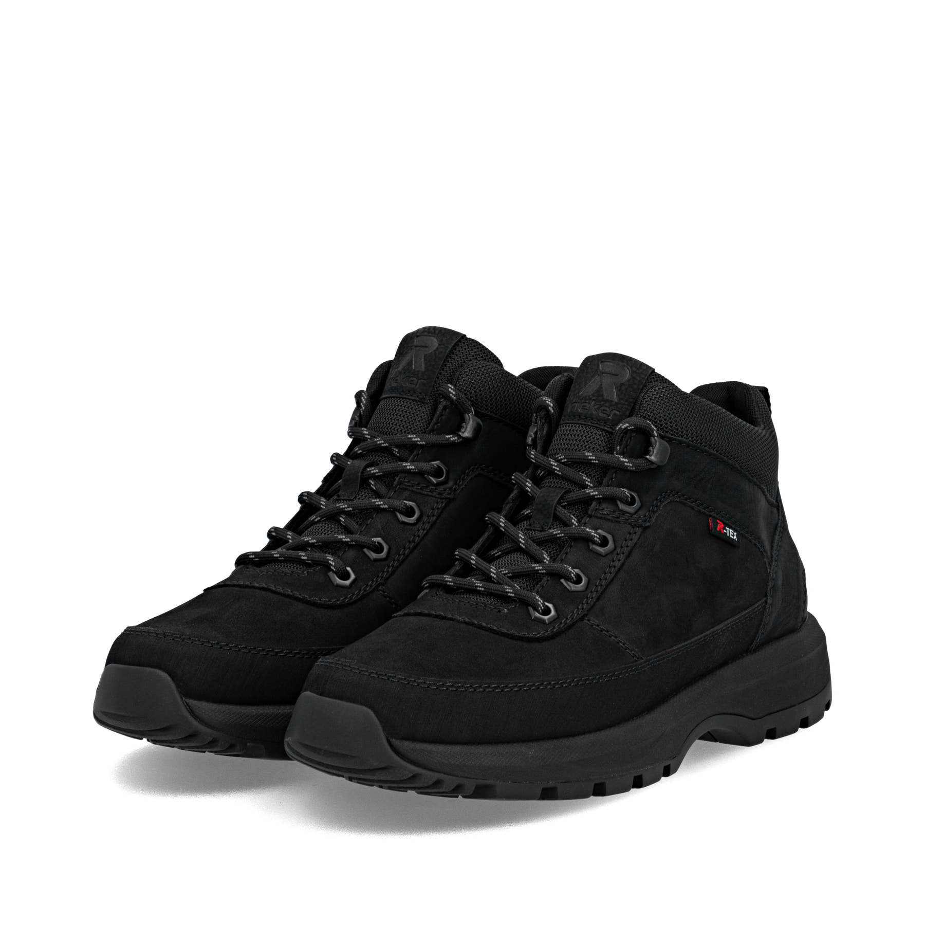 Schwarze Rieker Herren Schnürstiefel U1670-00 mit wasserabweisender TEX-Membran. Schuhpaar seitlich schräg.