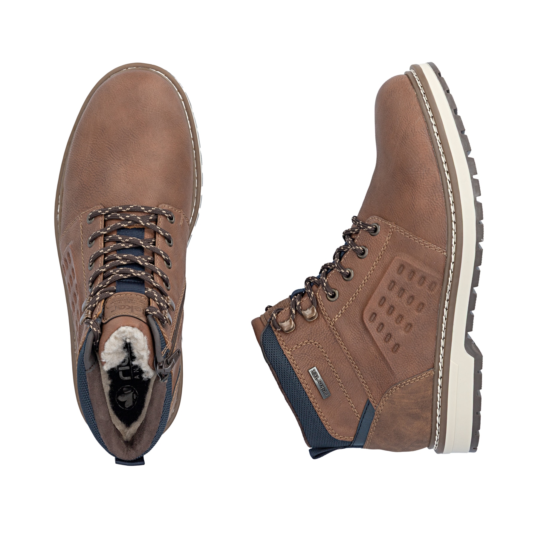 Braune Rieker Herren Schnürstiefel F3800-24 mit wasserabweisender TEX-Membran. Schuh von oben, liegend.