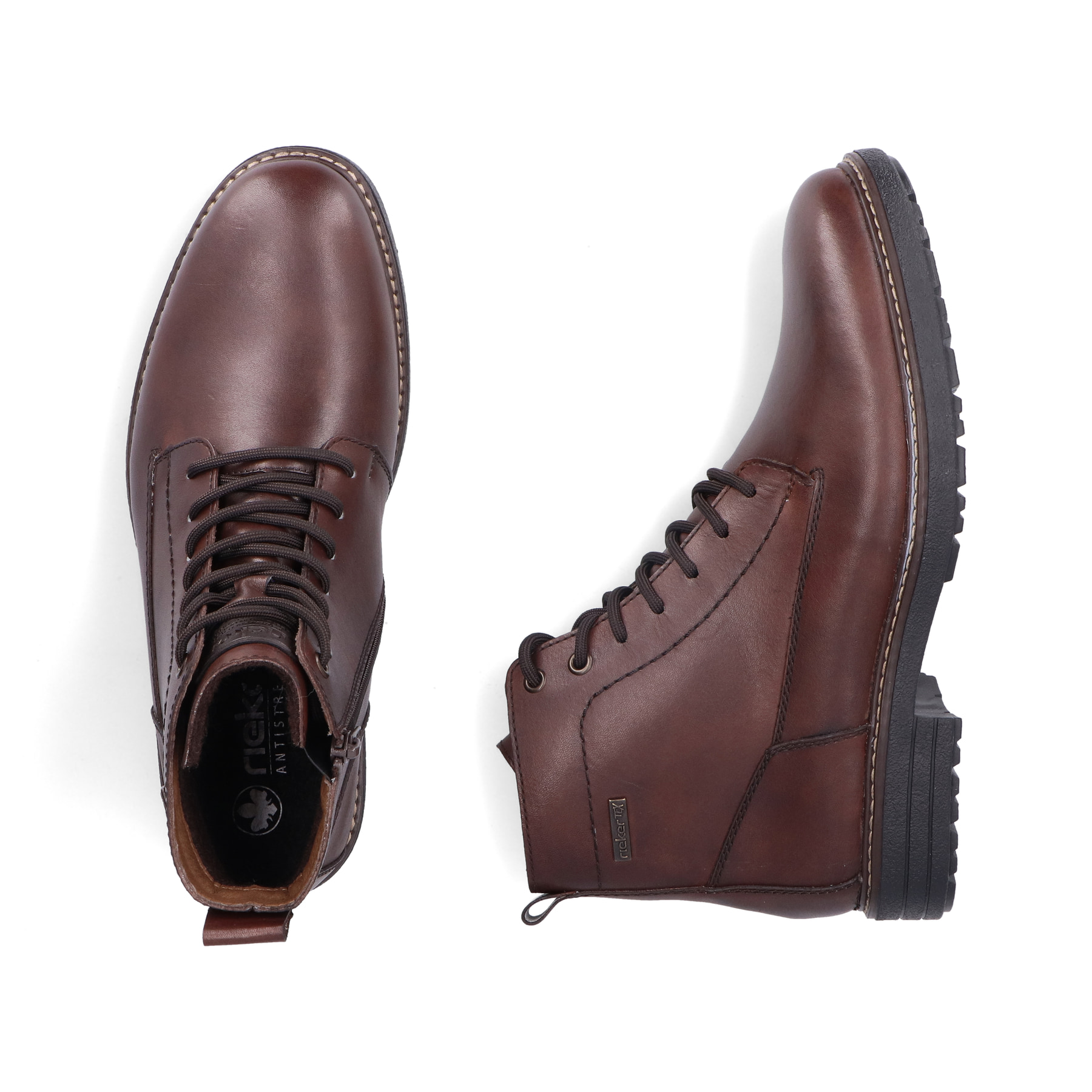 Dunkelbraune Rieker Herren Schnürstiefel 33143-25 aus Glattleder. Schuh von oben, liegend.