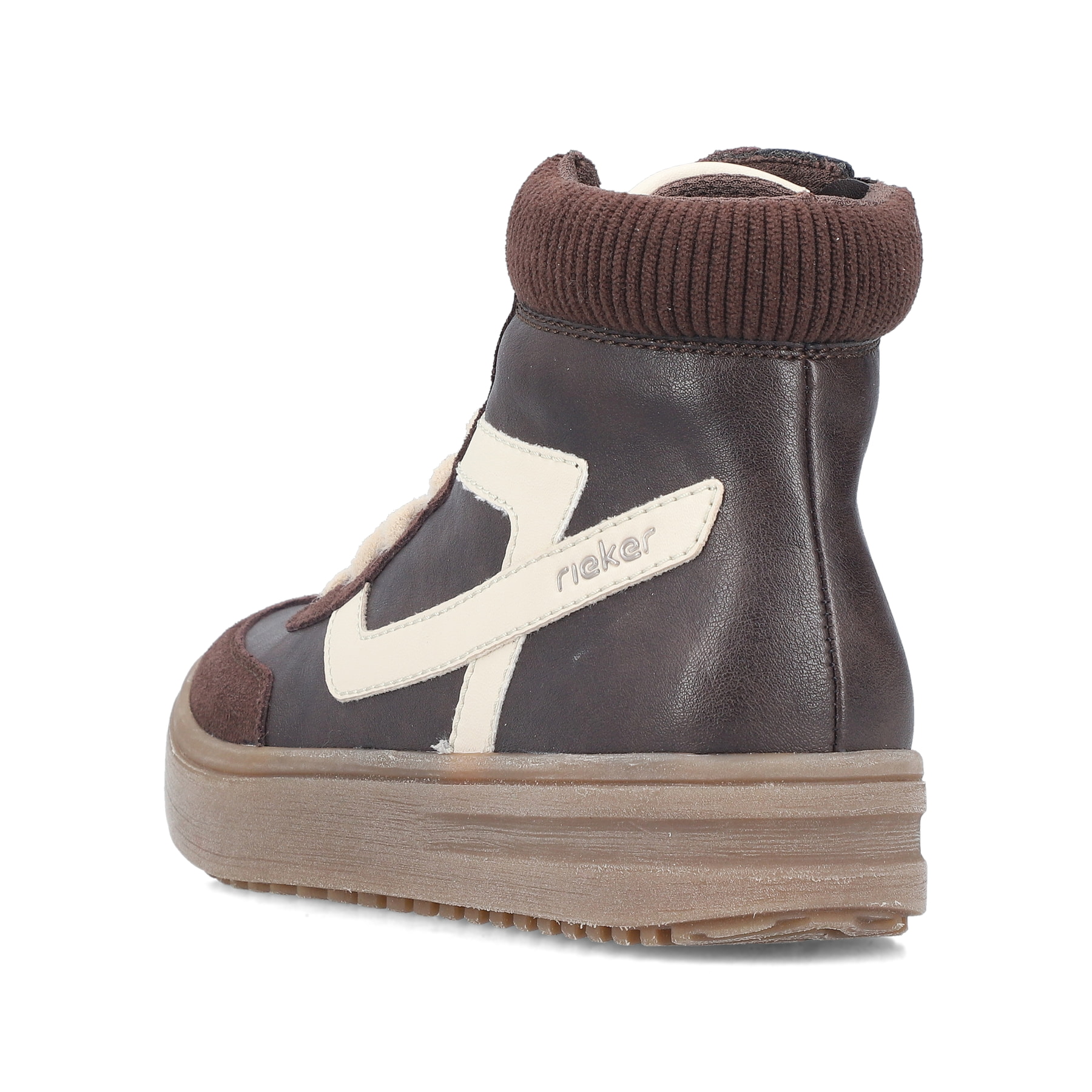 Braun-weiße Rieker Damen Sneaker High L2530-25 mit flauschigen Schnürsenkeln. Schuh von hinten.