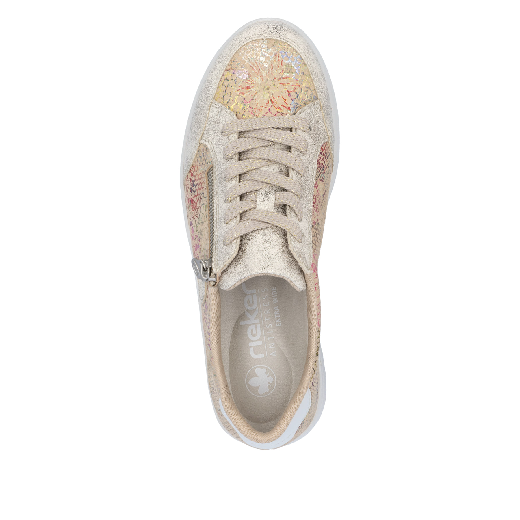 Beige Rieker Damen Sneaker Low N8103-60 mit Reißverschluss sowie Extraweite H. Schuh von oben.