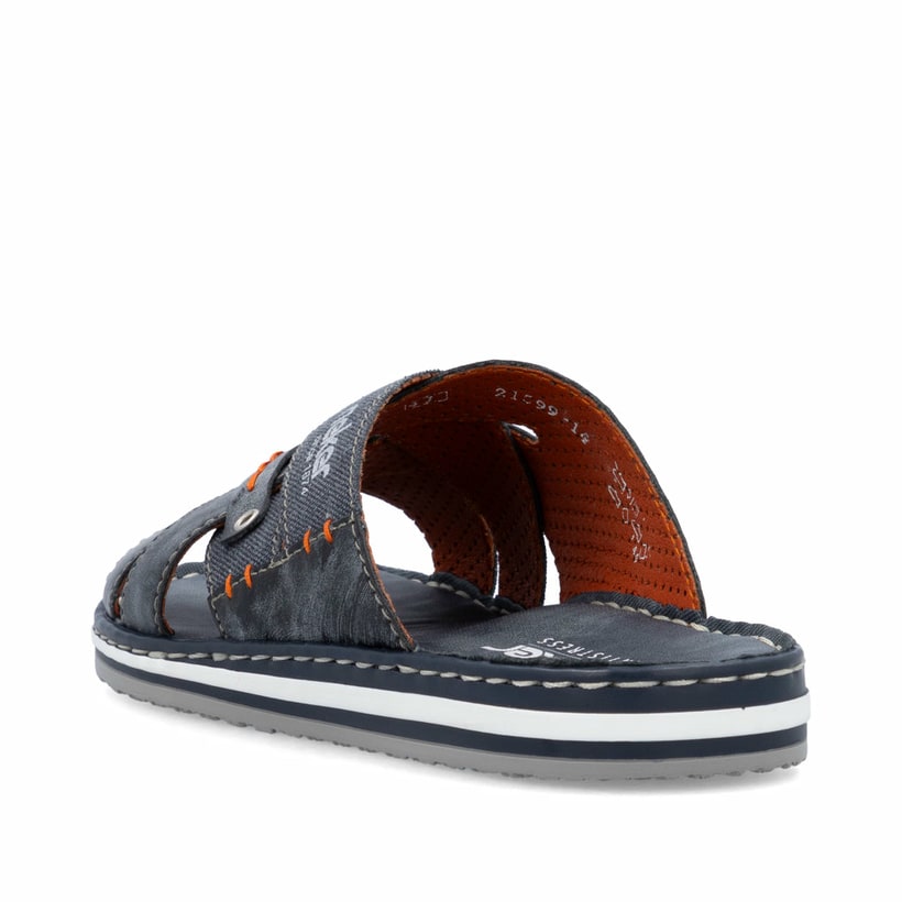 Blaue Rieker Herren Pantoletten 21599-14 mit Komfortweite G sowie leichter Sohle. Schuh von hinten.