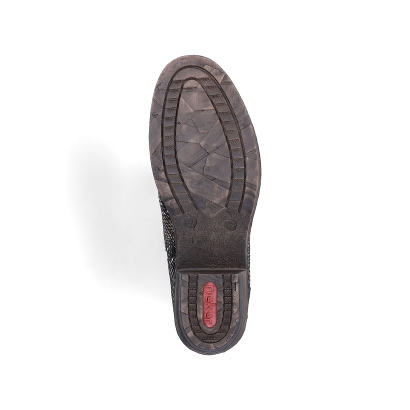 Schwarz-braune Rieker Damen Kurzstiefel 93770-27 mit einem Reißverschluss. Schuh Laufsohle.
