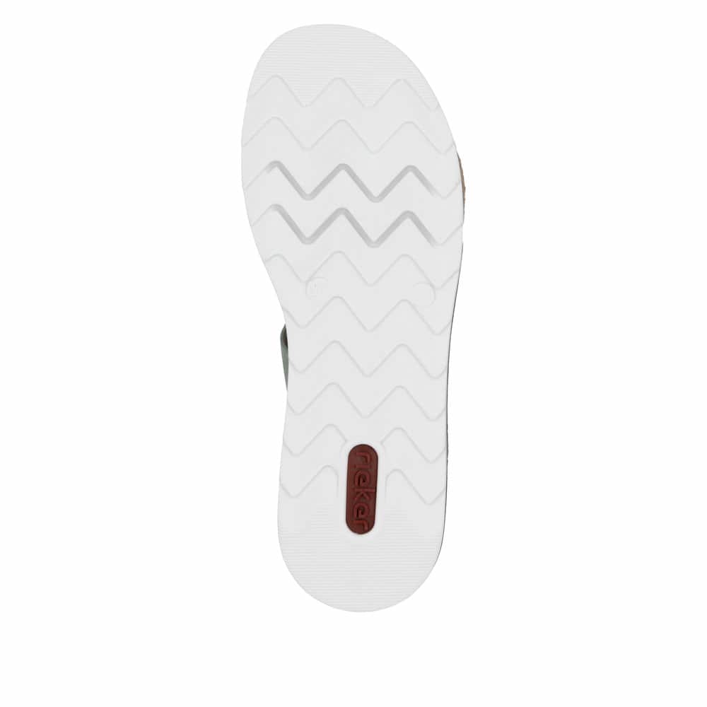 Grüne Rieker Damen Pantoletten V79M6-52 mit modischen Flechtelementen. Schuh Laufsohle.