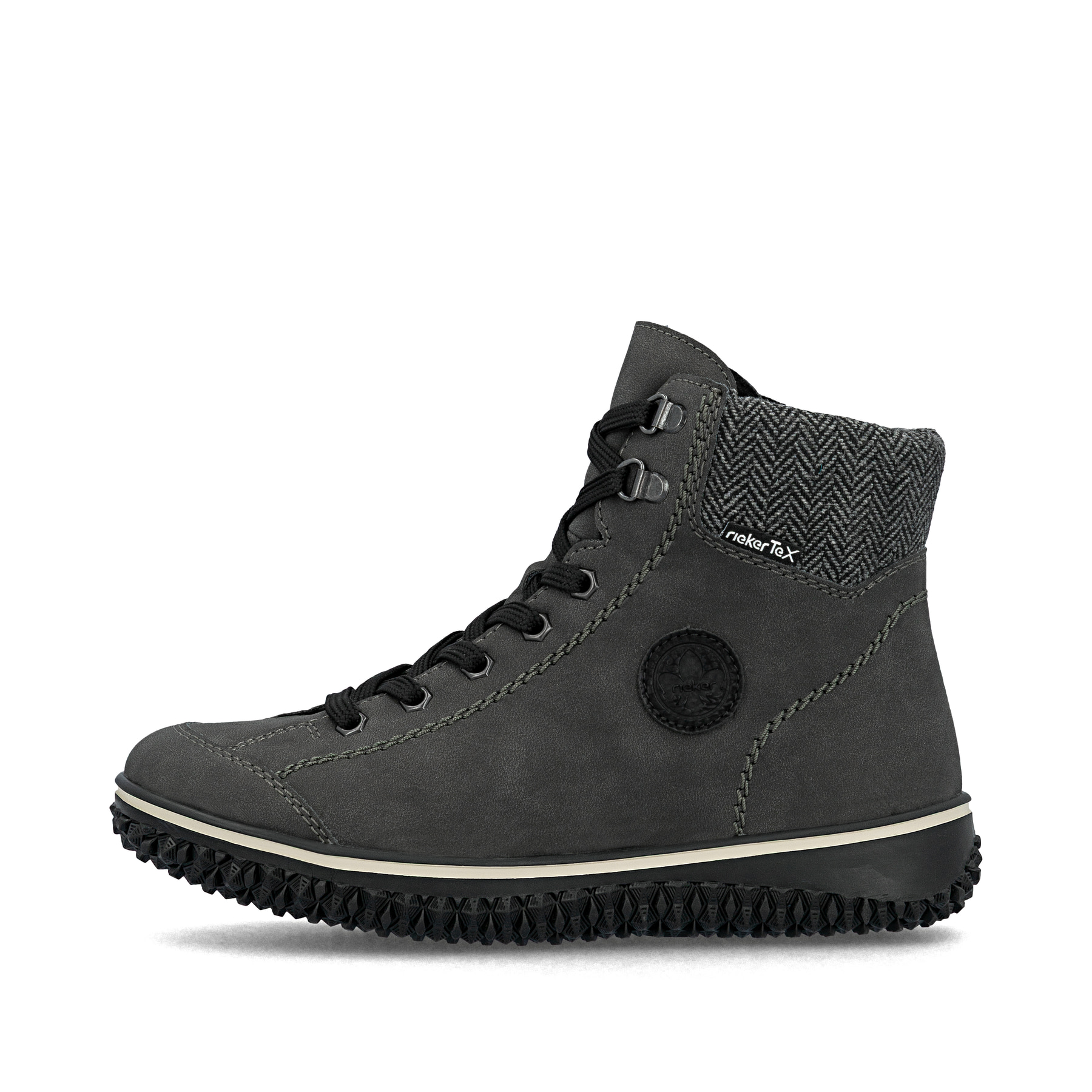 Graue Rieker Damen Schnürstiefel Z4251-45 mit wasserabweisender TEX-Membran. Schuh Außenseite.