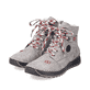 Mondgraue Rieker Damen Schnürstiefel 51544-64 mit einem Reißverschluss. Schuhpaar seitlich schräg.
