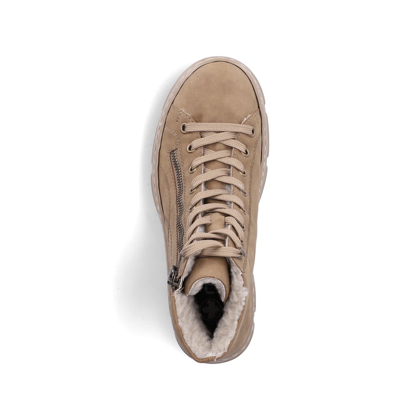 Beige Rieker Damen Schnürstiefel Z7410-20 mit modernen Ziernähten. Schuh von oben.