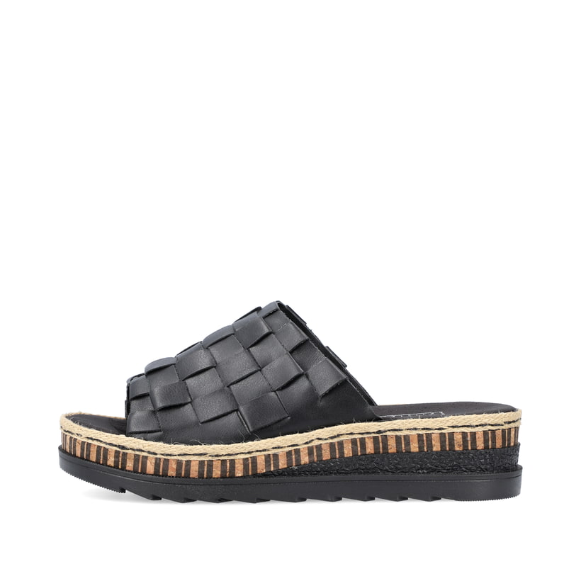 Schwarze Rieker Damen Pantoletten V7988-00 mit der schmalen Passform E 1/2. Schuh Außenseite.